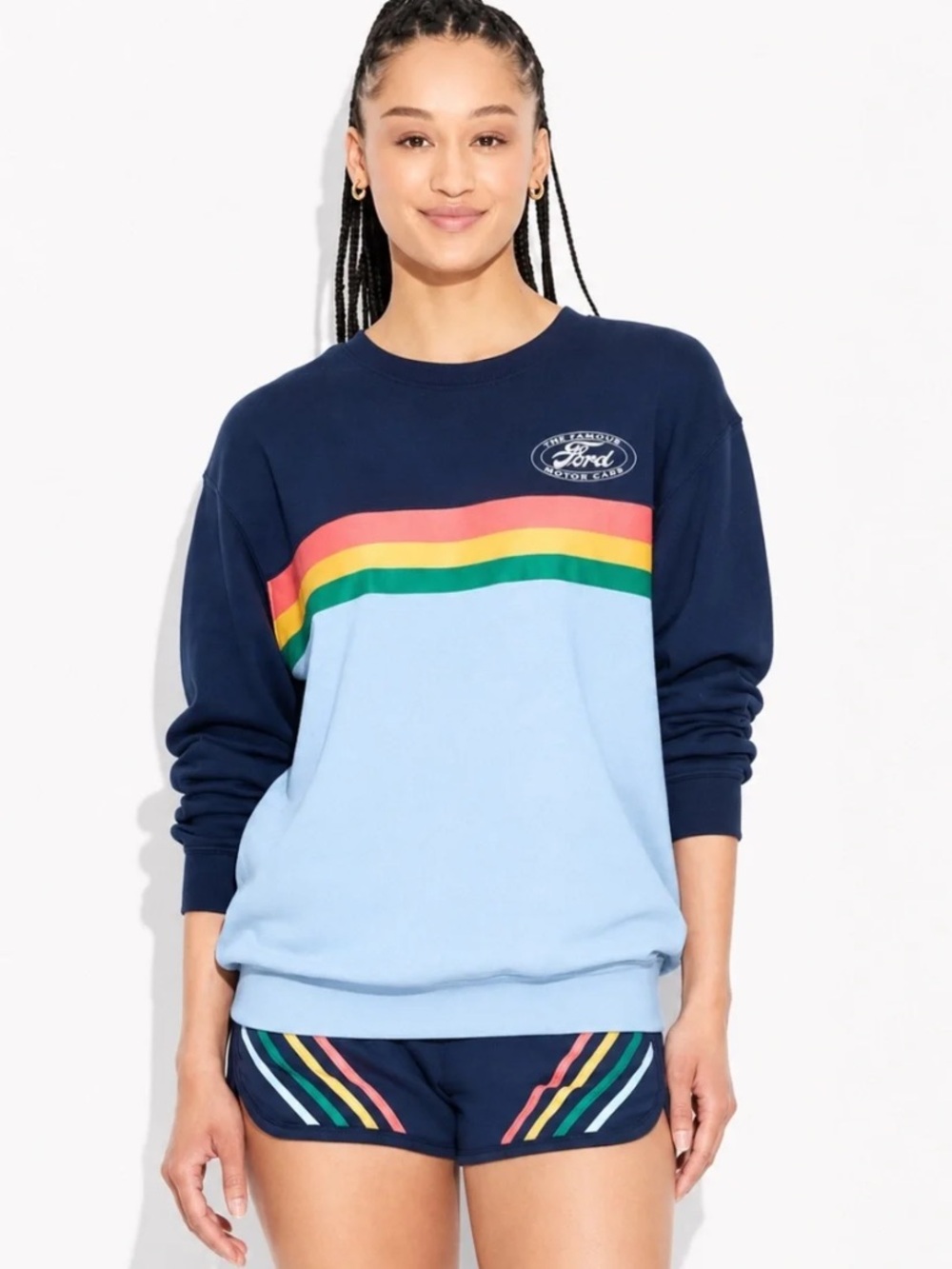 Ford Navy & Light Blue Crewneck Sweatshirt with Rainbow Stripes L